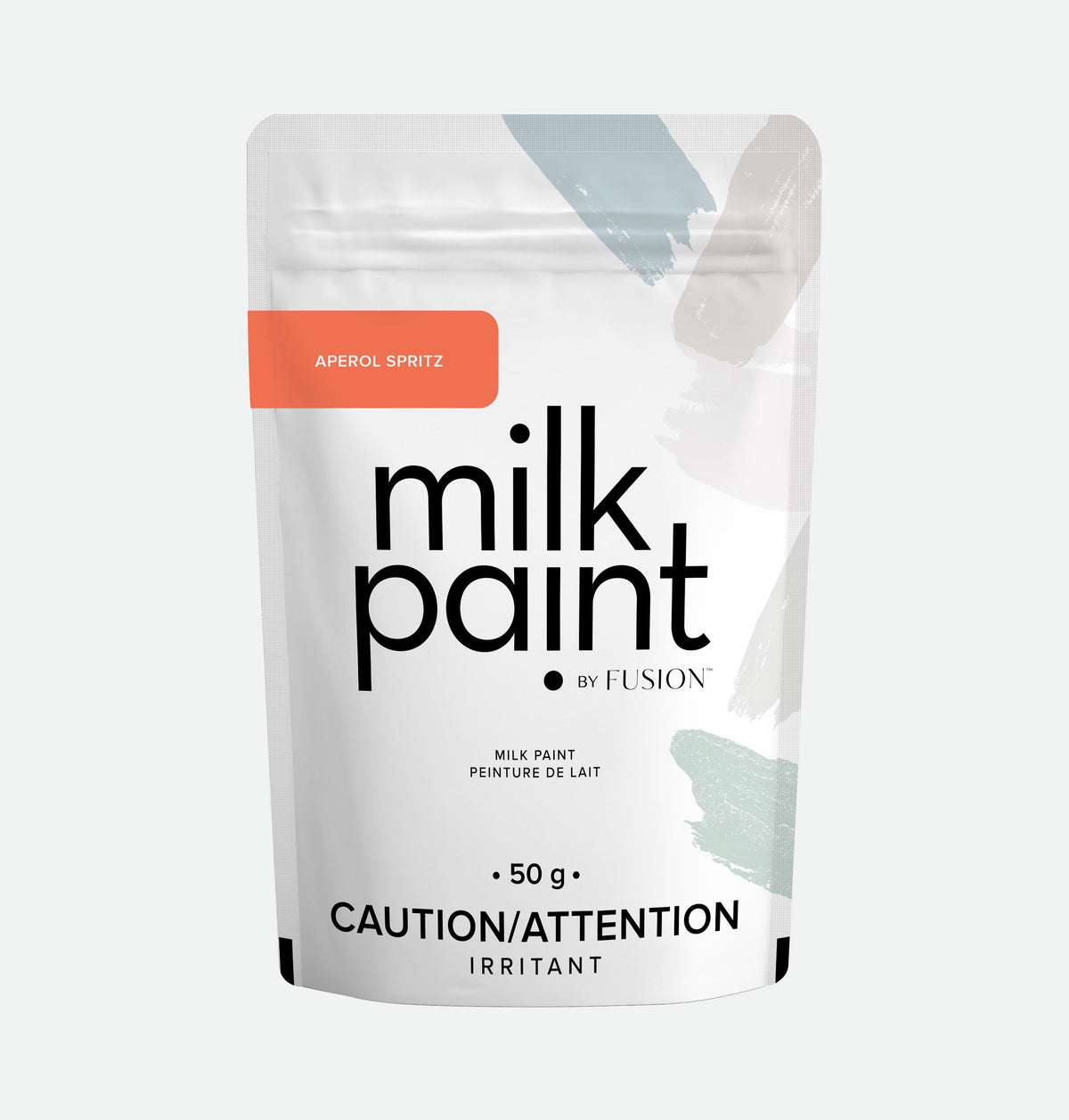 Fusion Mineral Paint Aperol Spritz Milk Paint, 50g white resealable pouch, irritant and Bonding Agent noted.