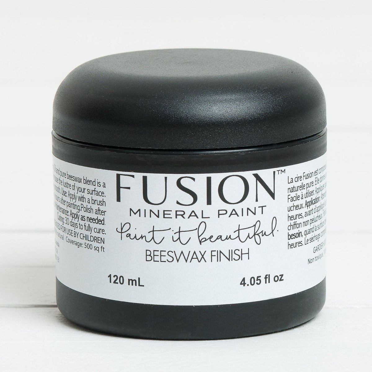 Fusion Mineral Paint Beeswax Hemp Finish, 120 mL jar with black lid, natural beeswax and hemp.