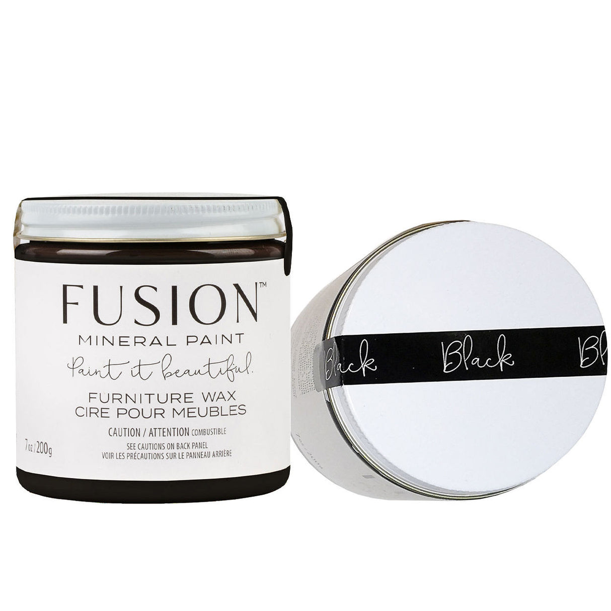 Two jars of Fusion Mineral Paint Black Furniture Wax, one upright and one with the lid shown.