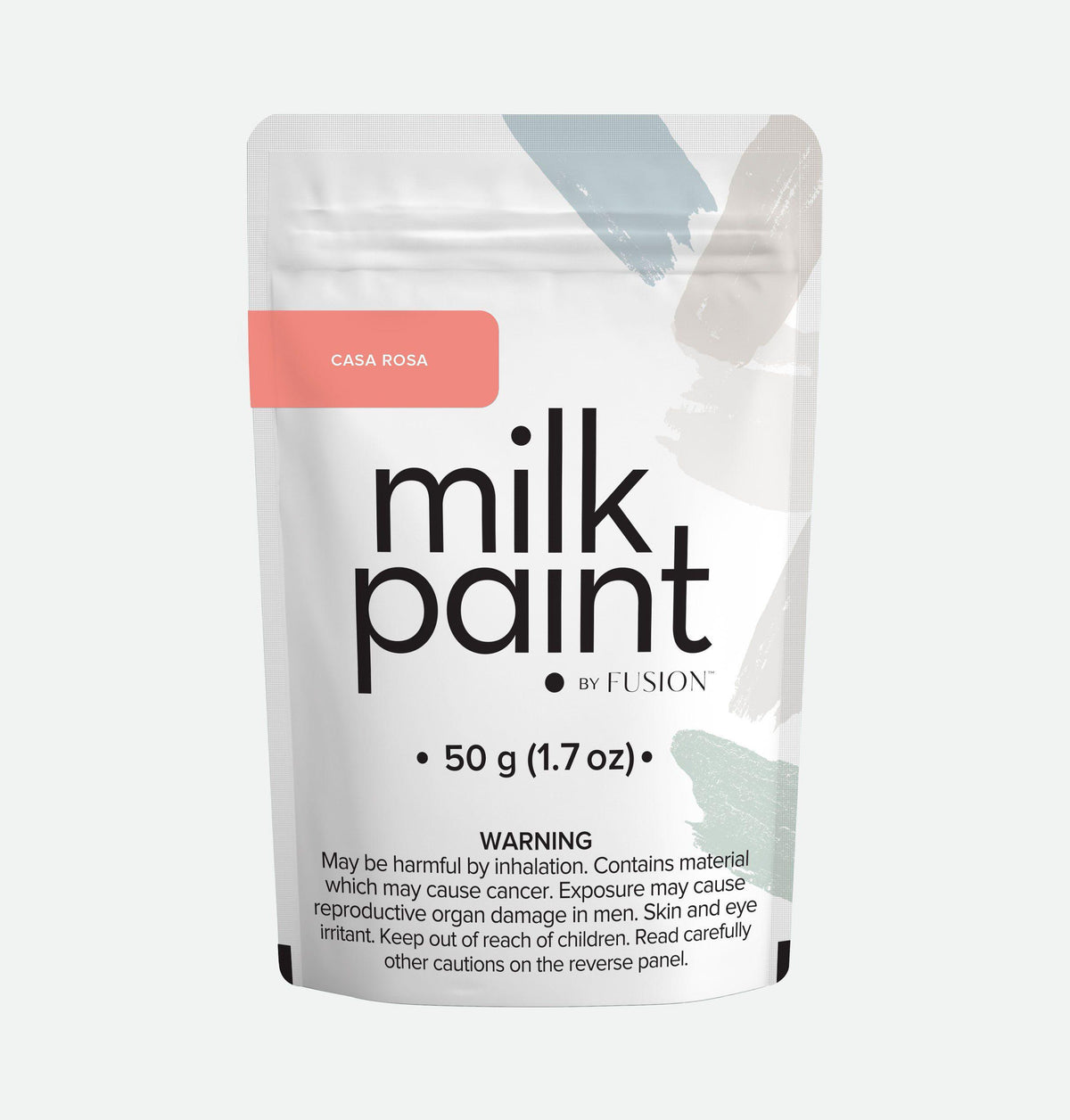 50g Casa Rosa Milk Paint pouch by Fusion Mineral Paint with cancer warning and abstract swatches on packaging.