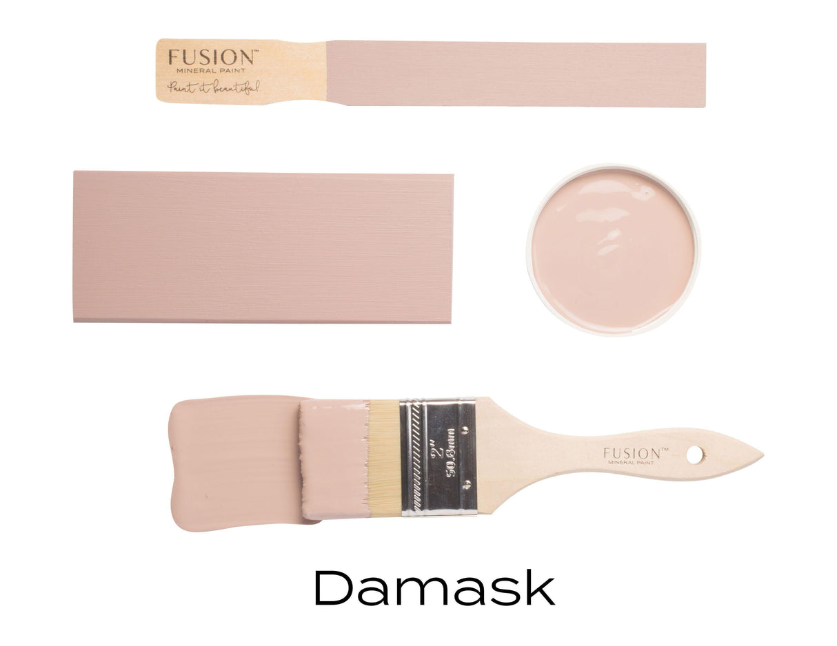 Fusion Mineral Paint Damask samples: matte finish in swatch, dish, and on two brushes.