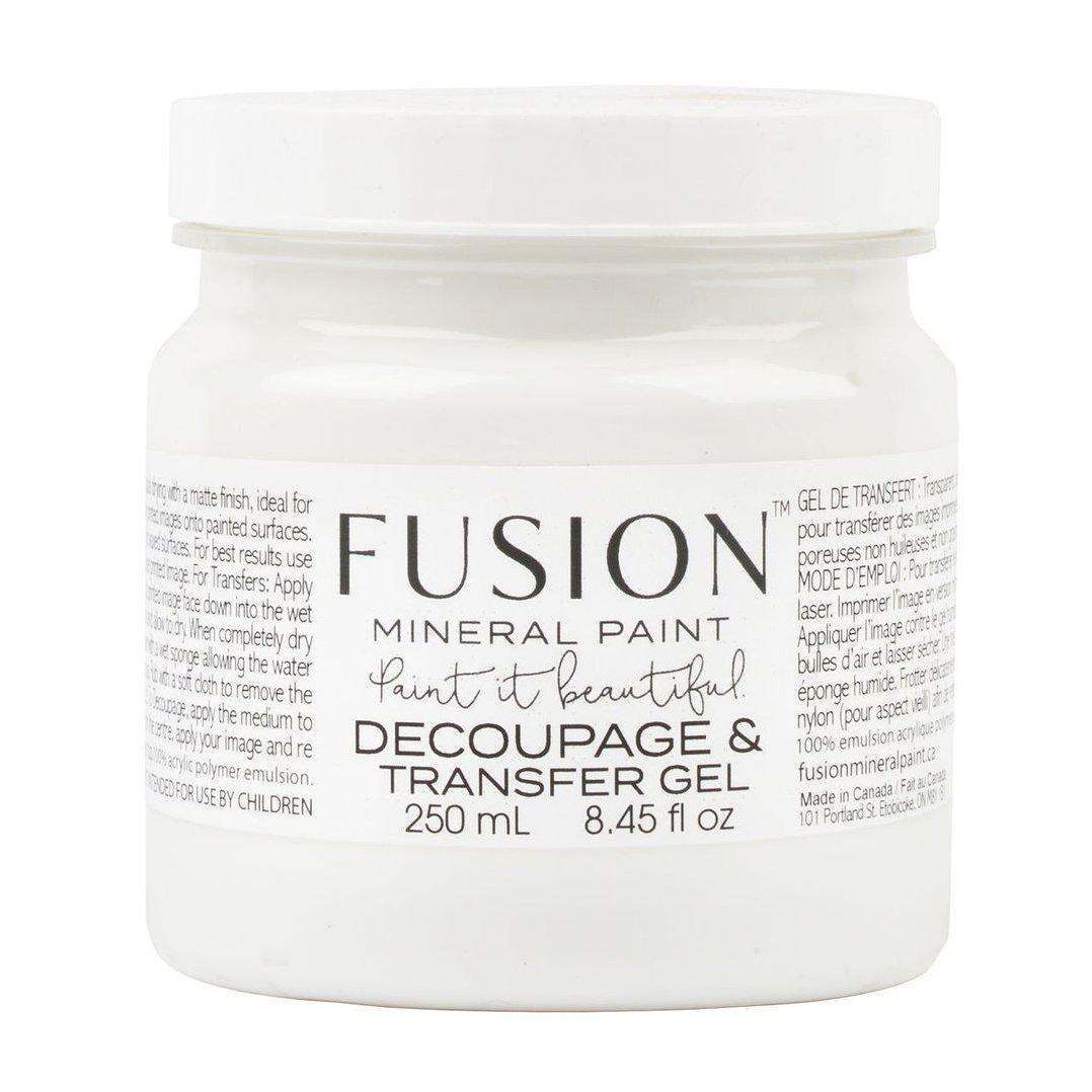 Fusion Mineral Paint Decoupage & Transfer Gel in a white jar.