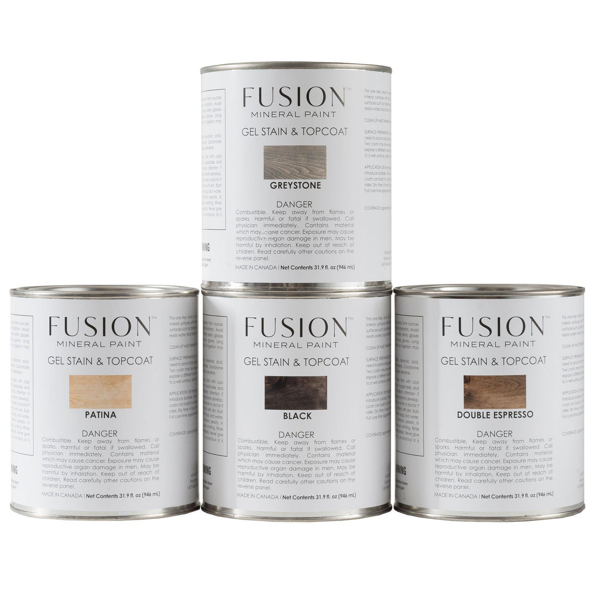 Fusion Mineral Paint Gel Stain & Top Coat in Patina, Greystone, Black, and Double Espresso shown together.