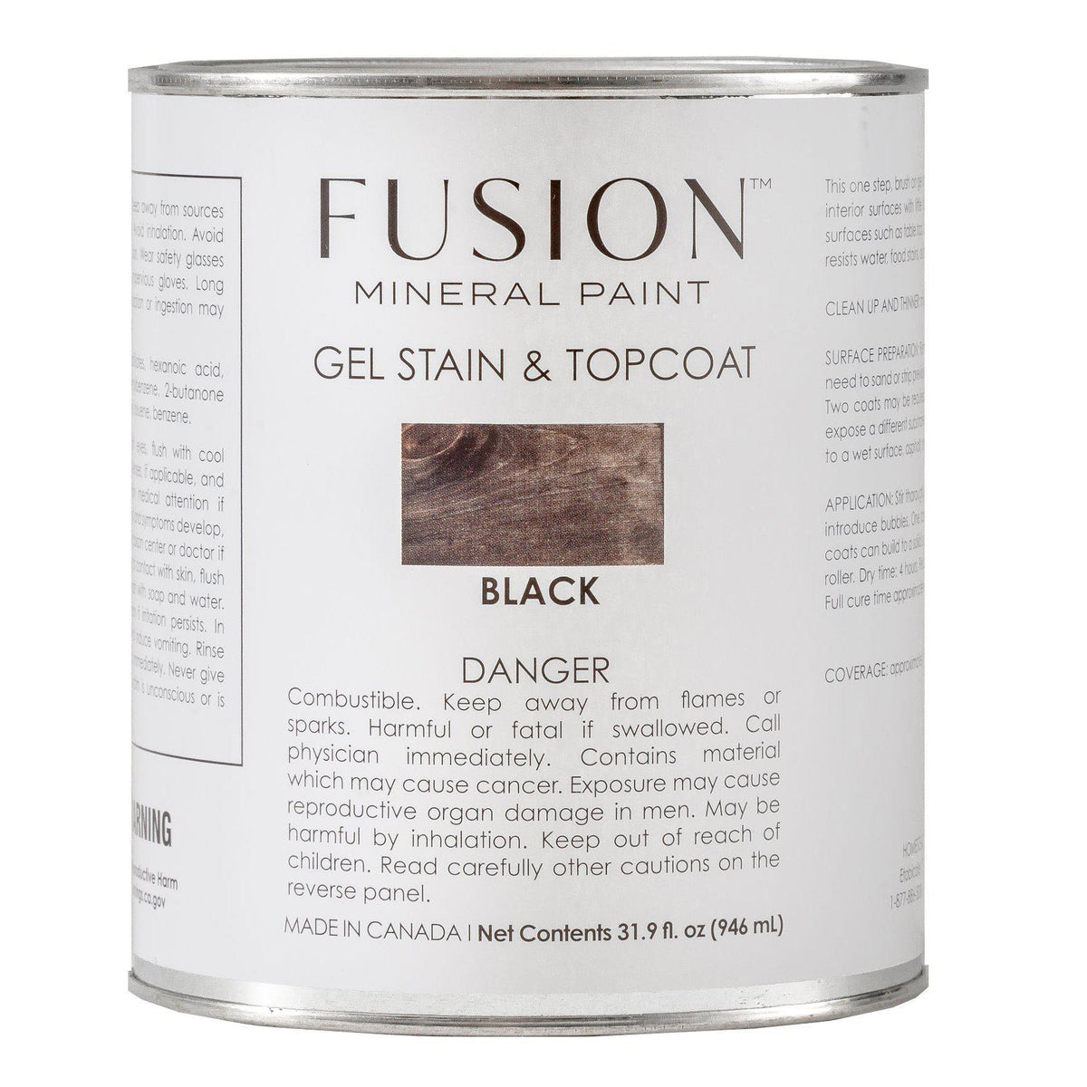 Fusion Mineral Paint Gel Stain & Top Coat—All In One, black, in can with product and safety information on label.