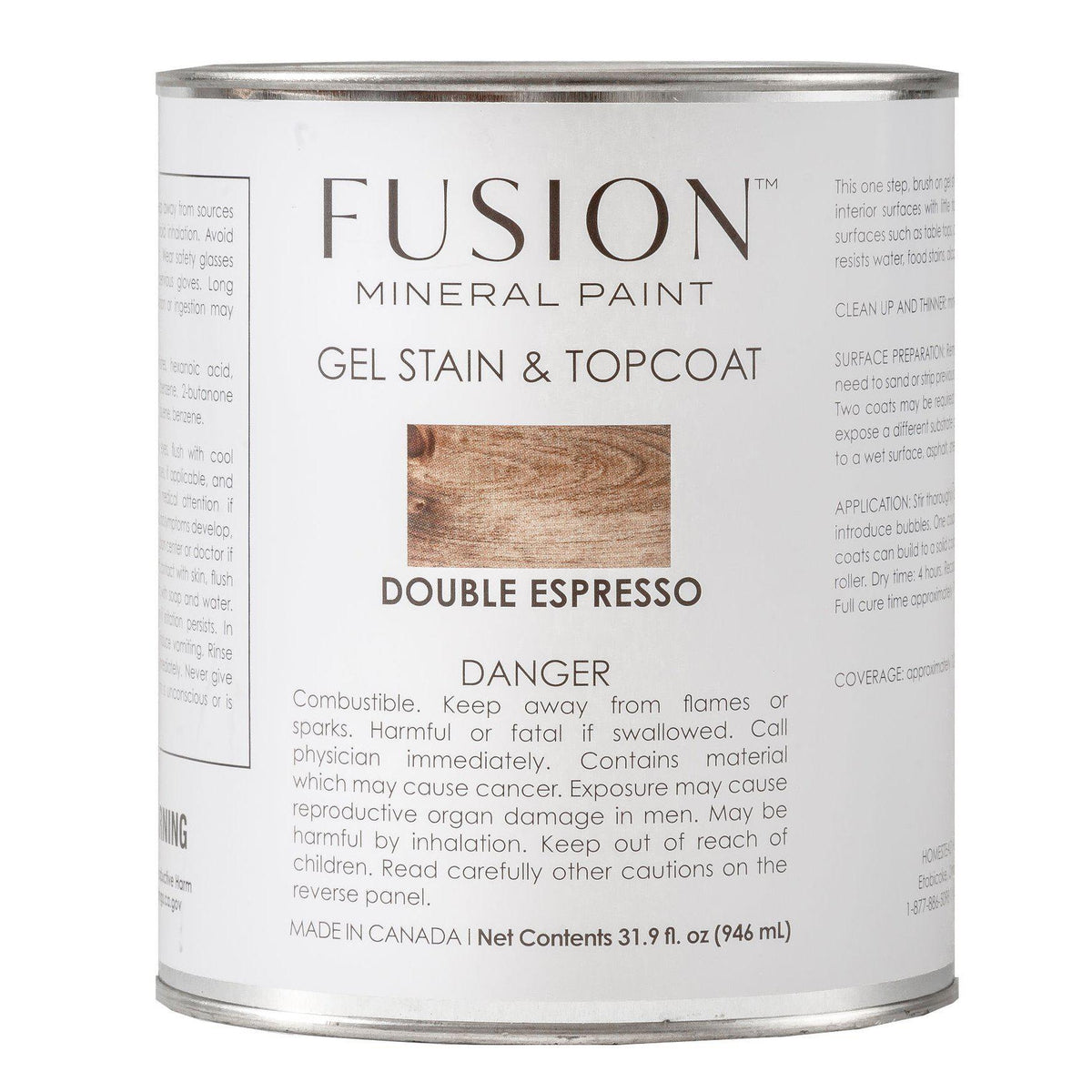 Fusion Mineral Paint Gel Stain & Top Coat All In One can in Double Espresso with labeled front and protective seal.