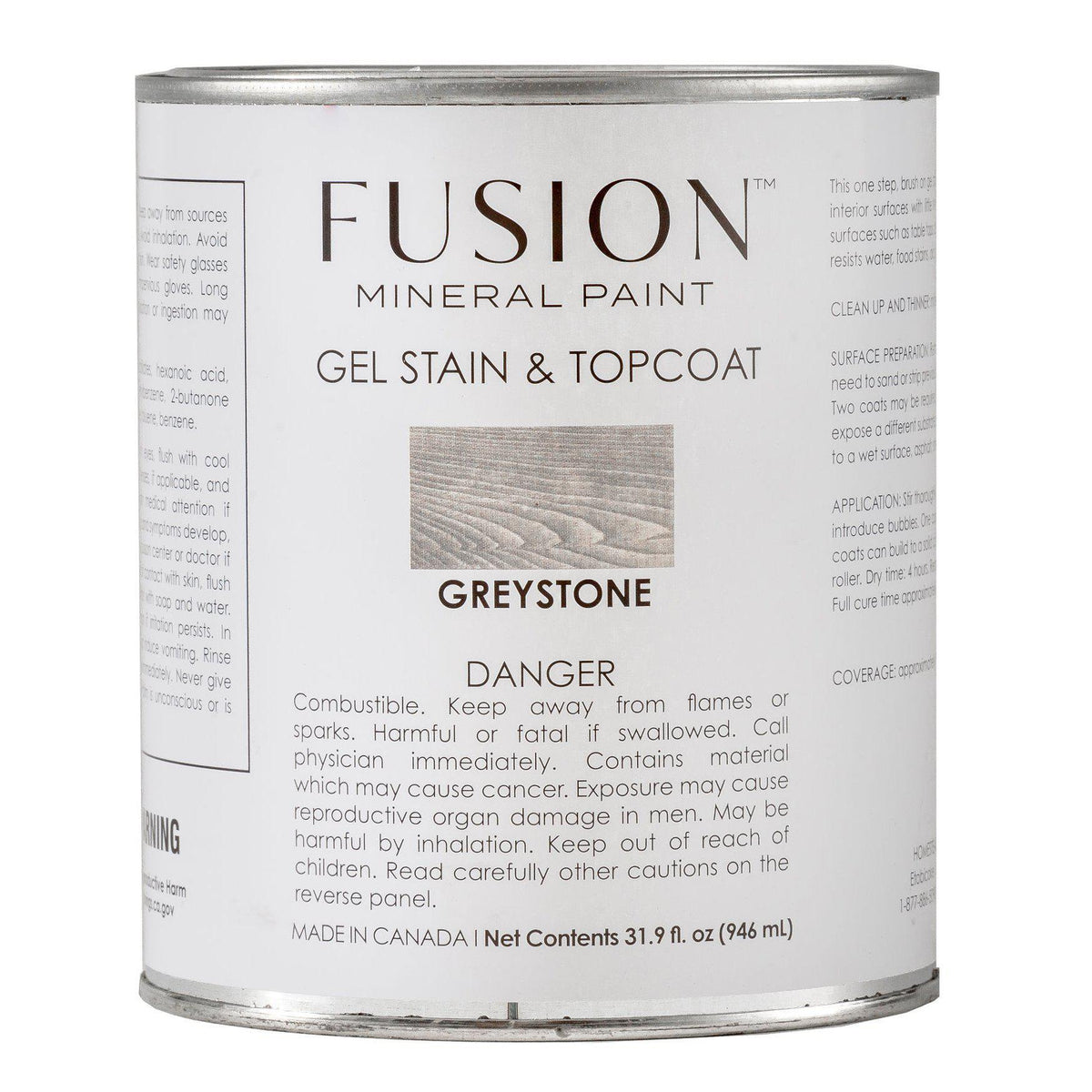 Fusion Mineral Paint Gel Stain & Top Coat Greystone can with stain, topcoat, and safety information on label.