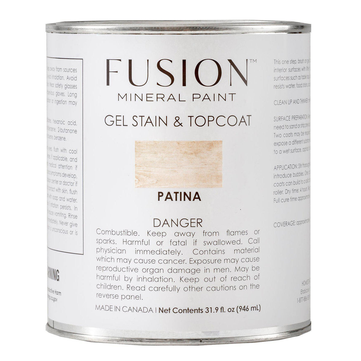 Fusion Mineral Paint Gel Stain & Top Coat Patina can with protective coating instructions on the label.