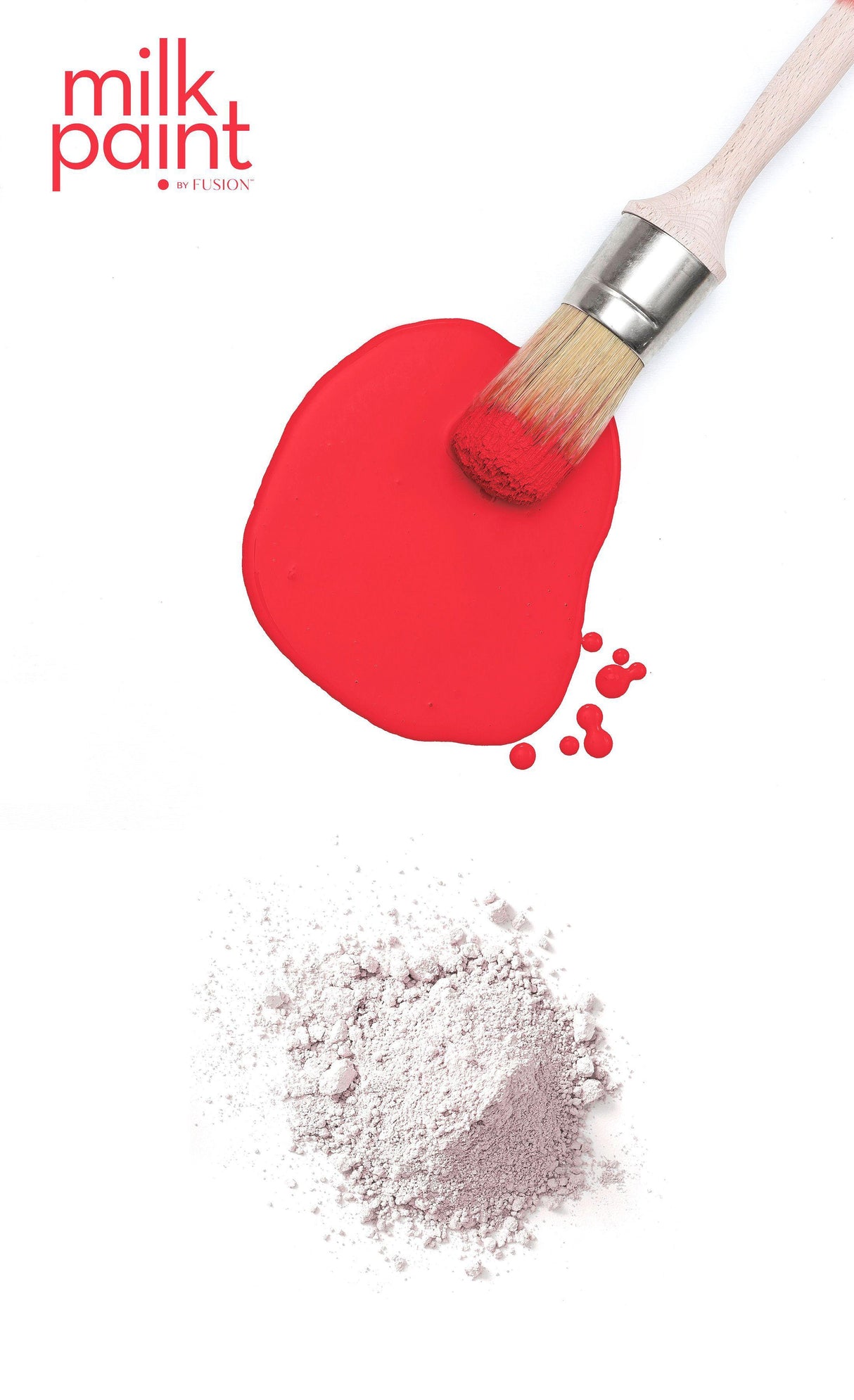 Paintbrush with Fusion Mineral Paint Hawaiian Hibiscus Milk Paint, red paint puddle, and white powder on white background.