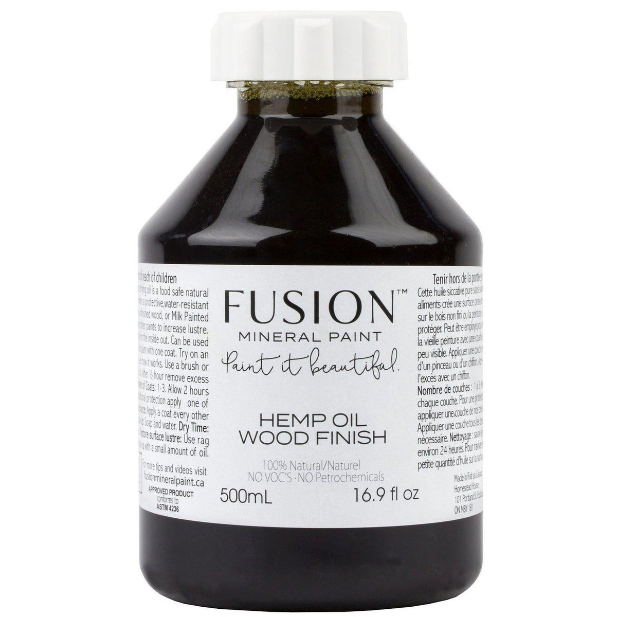 500mL Fusion Mineral Paint Hemp Oil Wood Finish bottle with white label and black cap.