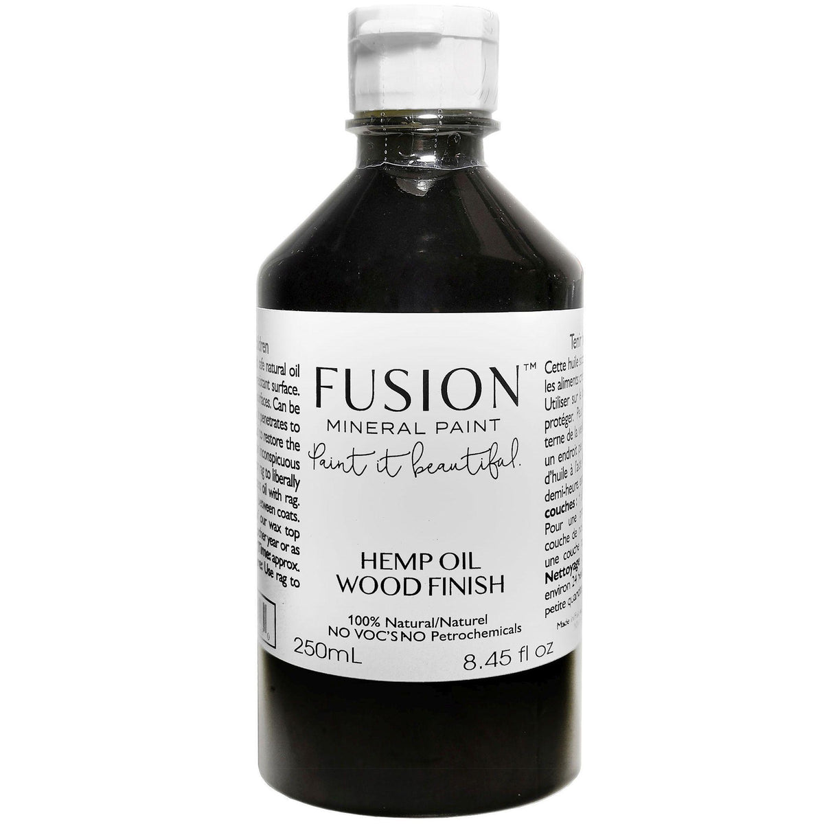 250mL Fusion Mineral Paint Hemp Oil Wood Finish with white label and visible dark liquid inside the bottle.