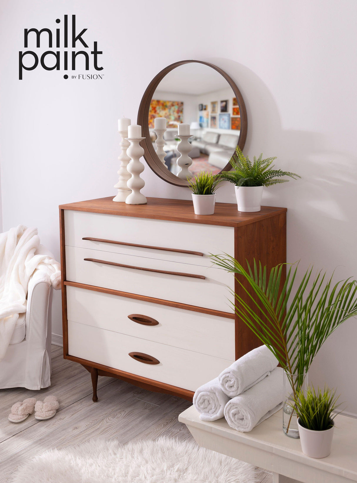 Modern dresser with plants, candles, and mirror; Fusion Mineral Paint Hotel Robe Milk Paint visible in the corner.