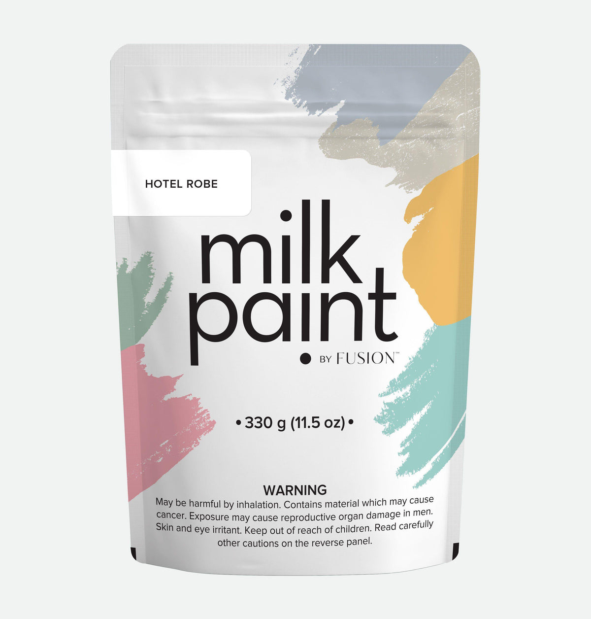 330g Hotel Robe Milk Paint pouch by Fusion Mineral Paint with exposure warnings on label.