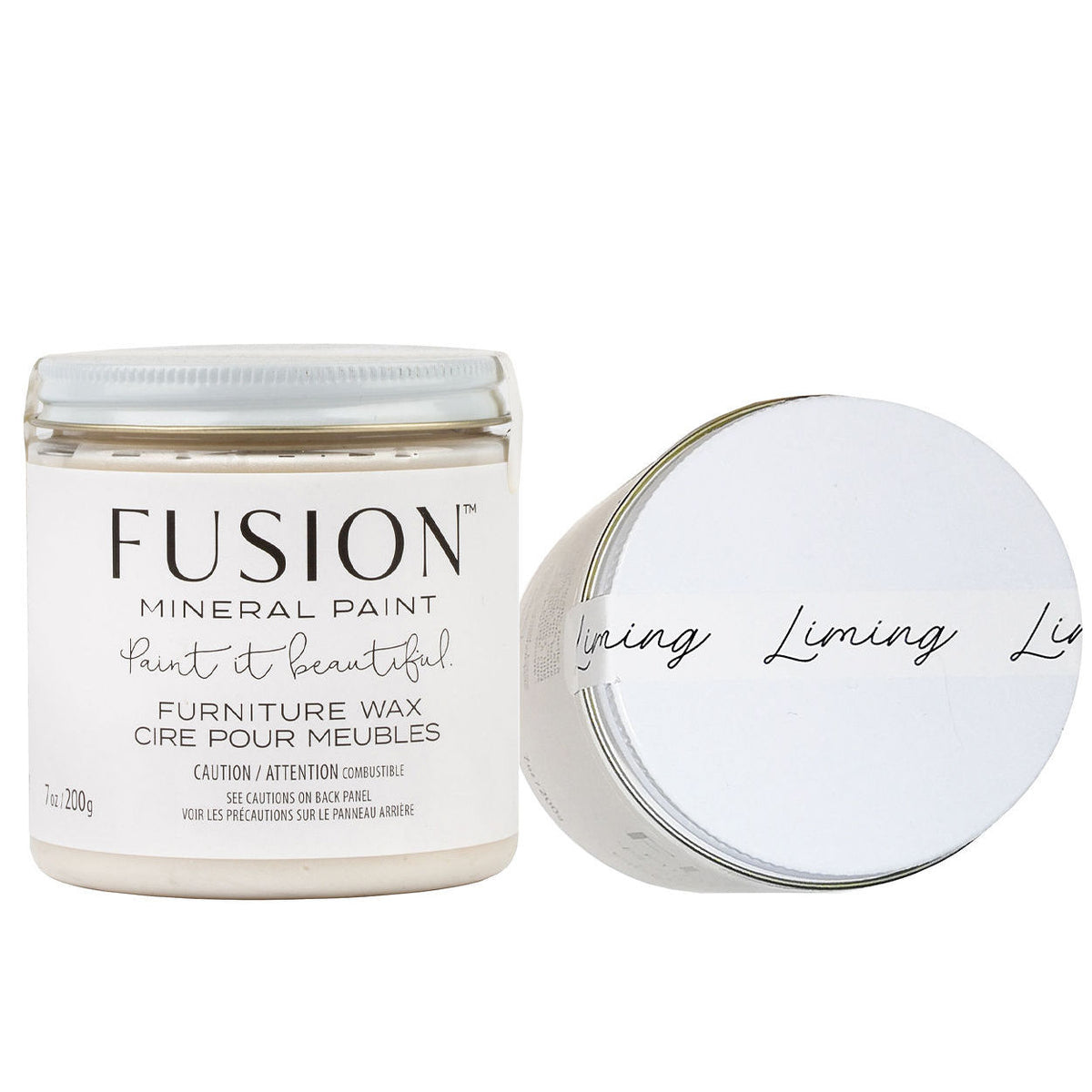 Two Fusion Mineral Paint Liming Furniture Wax jars, one upright with label, one lying down showing the lid.