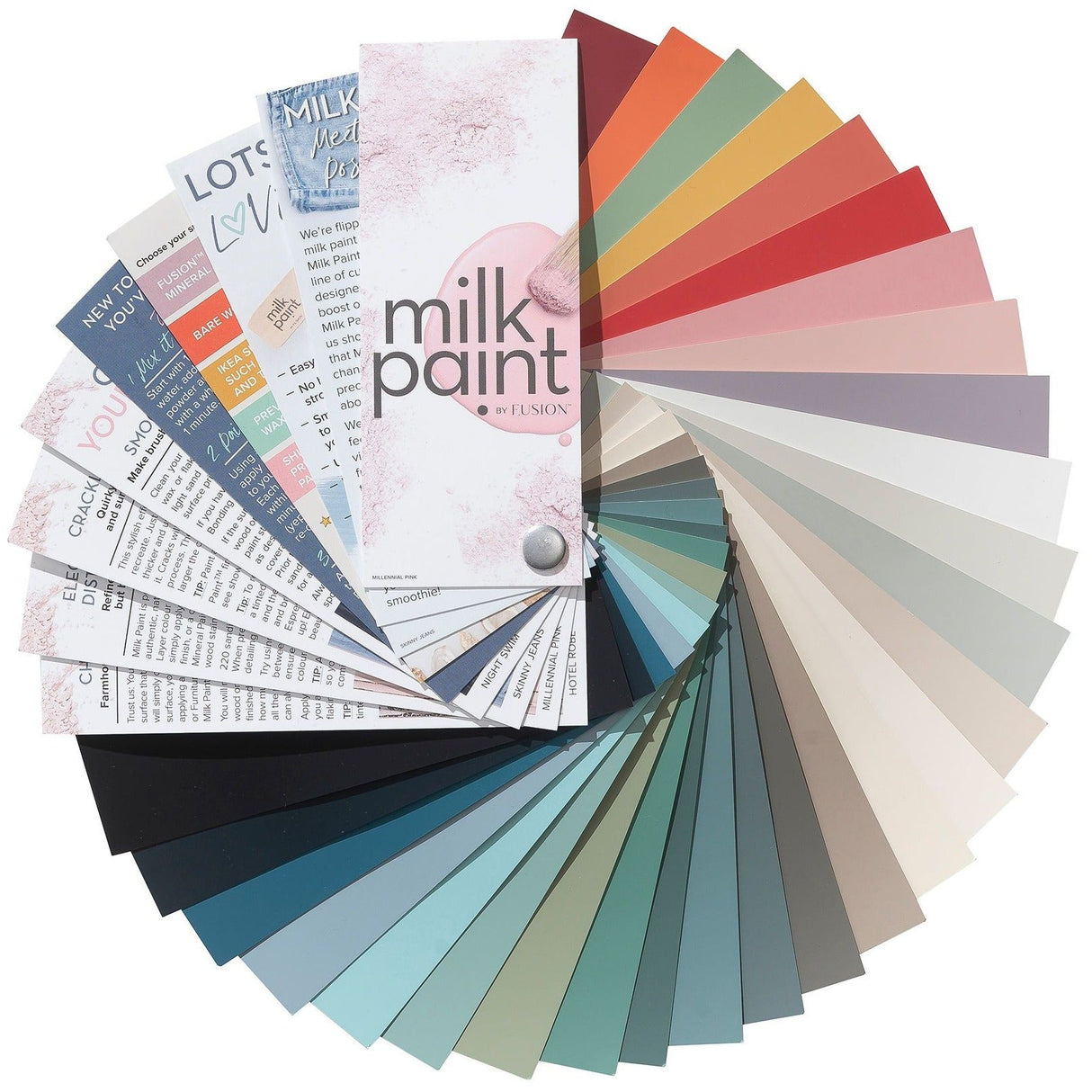 Fusion Mineral Paint Milk Paint True to Color Fan Deck (2021) displaying full shade range in labeled swatches.