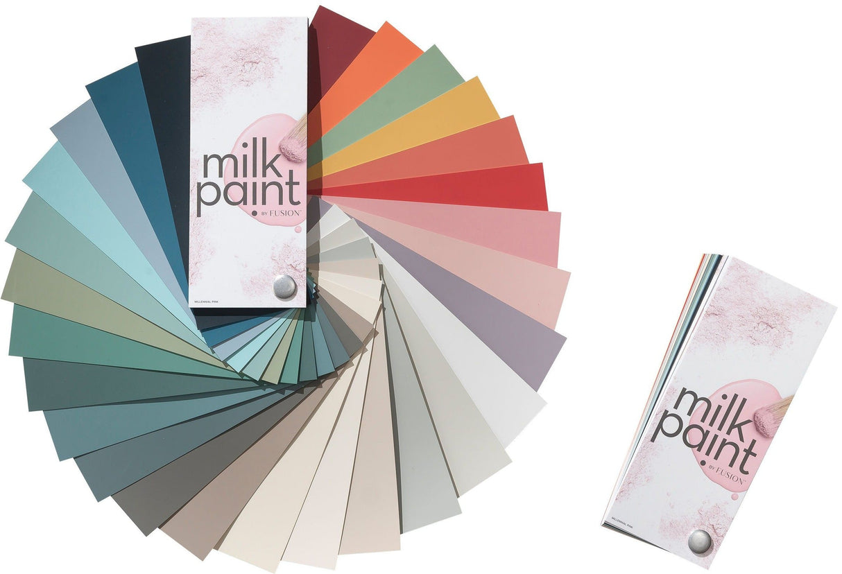 Rectangular swatches spiral out from a Milk Paint by Fusion True to Color Fan Deck, with Fusion Mineral Paint beside it.