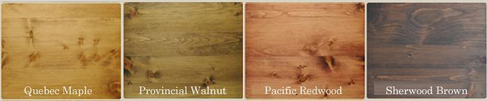 Fusion Mineral Paint stain samples in Quebec Maple, Provincial Walnut, Pacific Redwood, and Sherwood Brown.