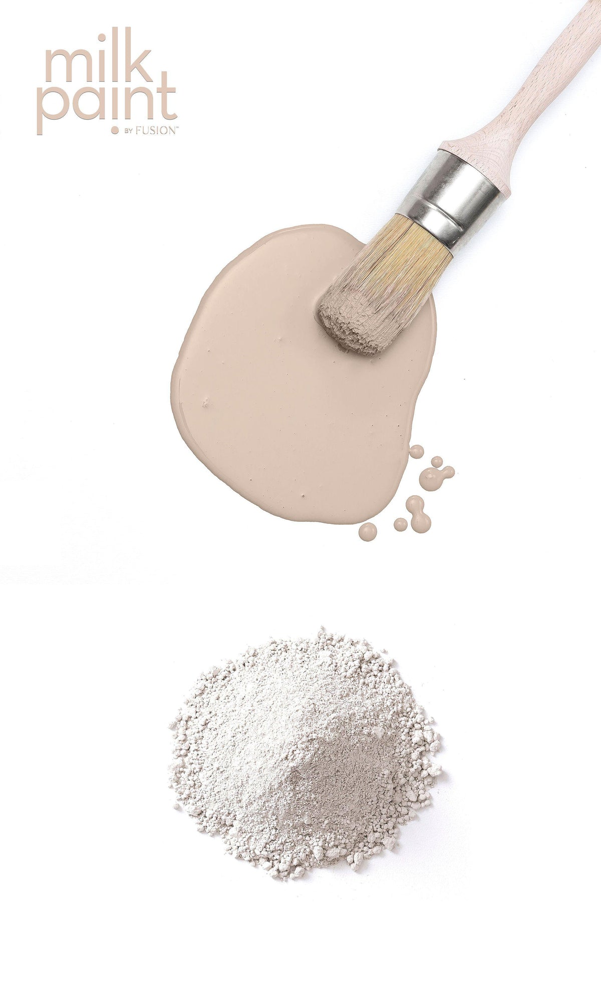 Brush resting on beige Oyster Bar Milk Paint smear by Fusion; powder below, product text at top left.