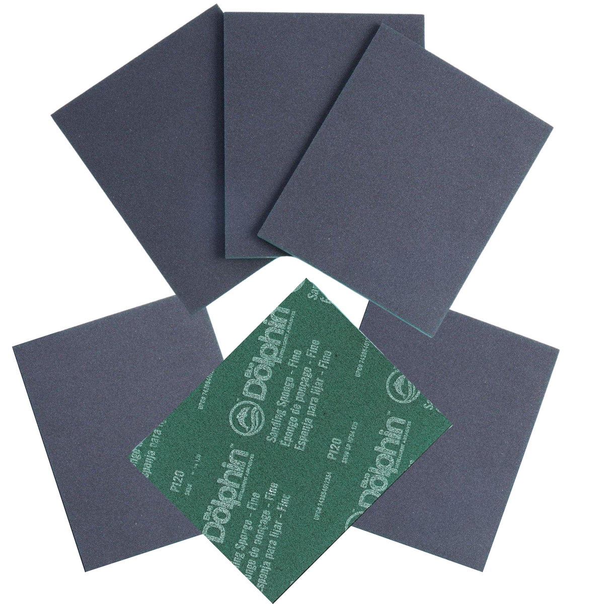 Five Fusion Mineral Paint P-Flex sponges—four gray, one green—fanned out like sanding pads.