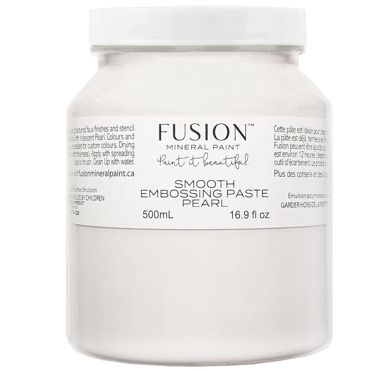 Fusion Mineral Paint Smooth Embossing Paste, Pearl, 500mL jar with visible label text.