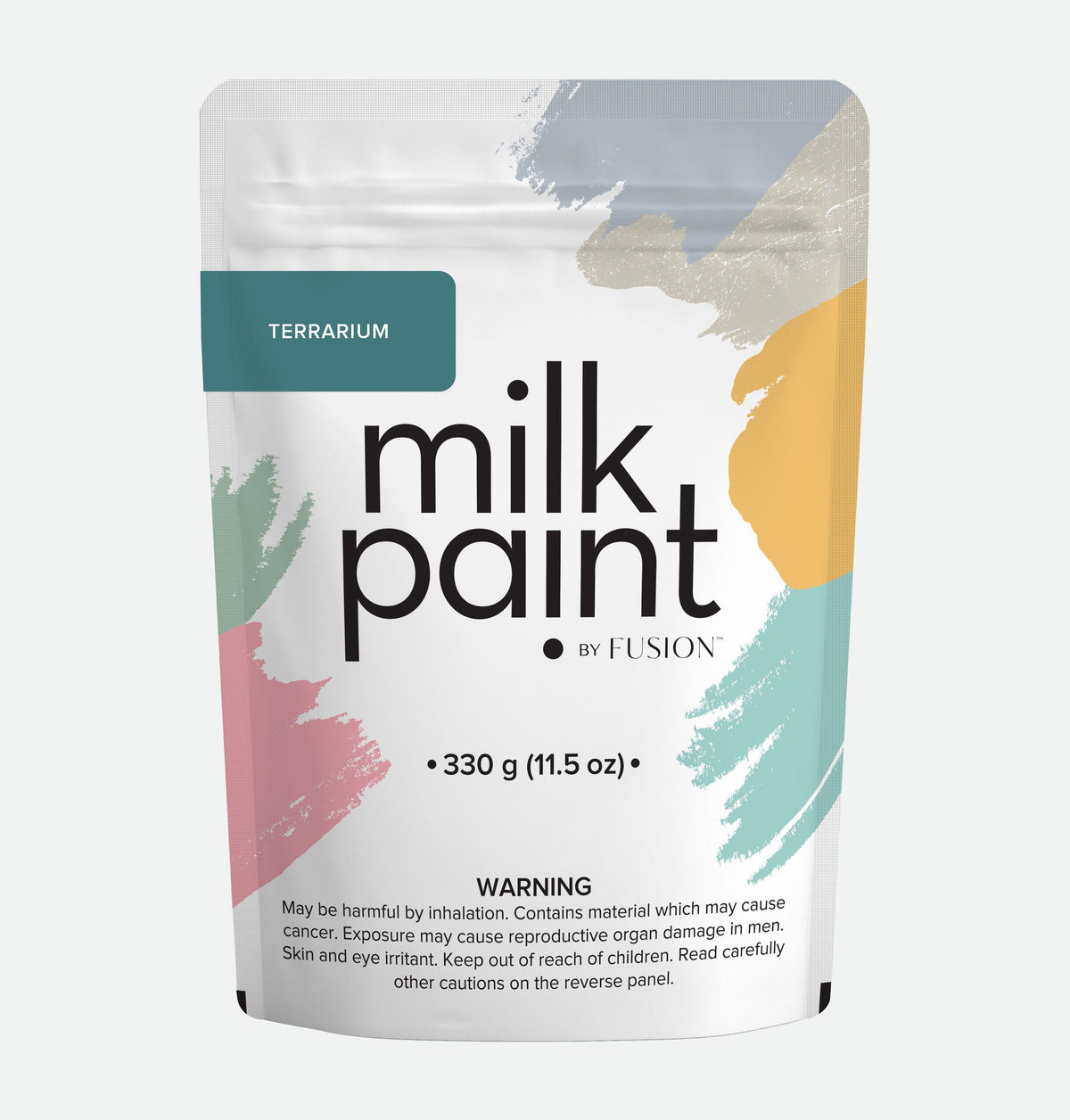 Green 330g Terrarium Milk Paint pouch by Fusion Mineral Paint with inhalation and skin irritation warnings.