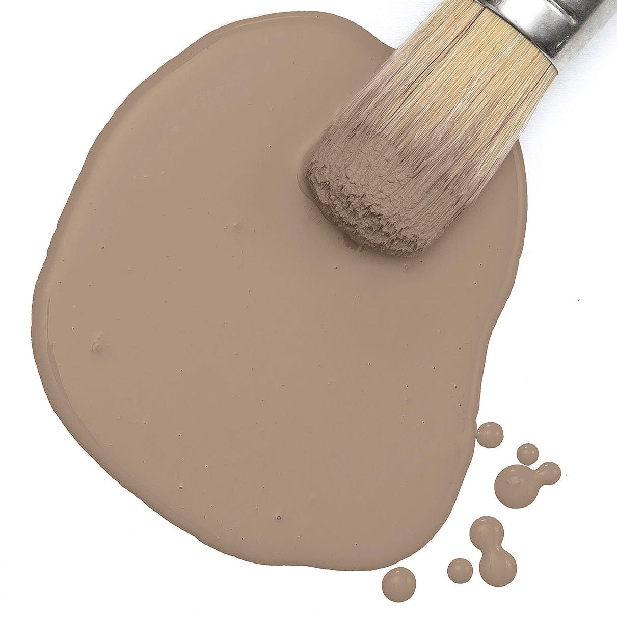 Almond Latte milk paint with a brush and powder on a white background, featuring the Fusion Milk Paint brand.