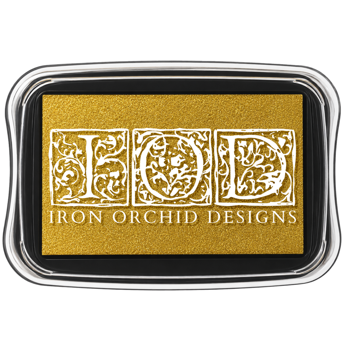 I.O.D. Metallic Ink Pad, gold shimmer, in clear case labeled Iron Orchid Designs with ornate white lettering.