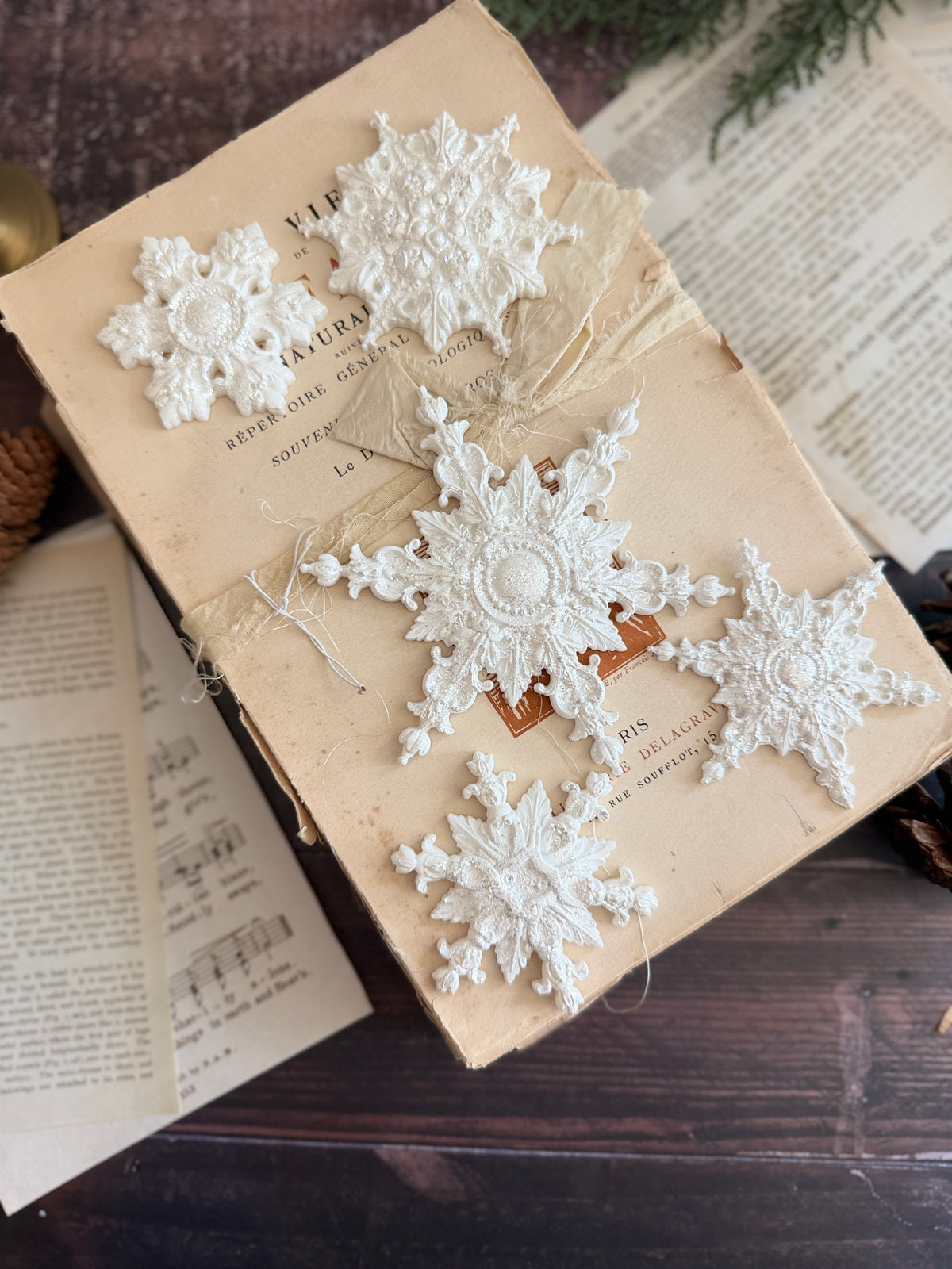 Five I.O.D. Snowflakes Mould (2026 Limited Release) ornaments displayed on a vintage book with old papers nearby.
