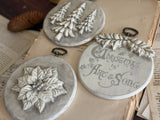 Set of 3 round ornaments featuring trees, poinsettia, and carol, created with I.O.D. Boughs of Holly (2026 Release) mould.