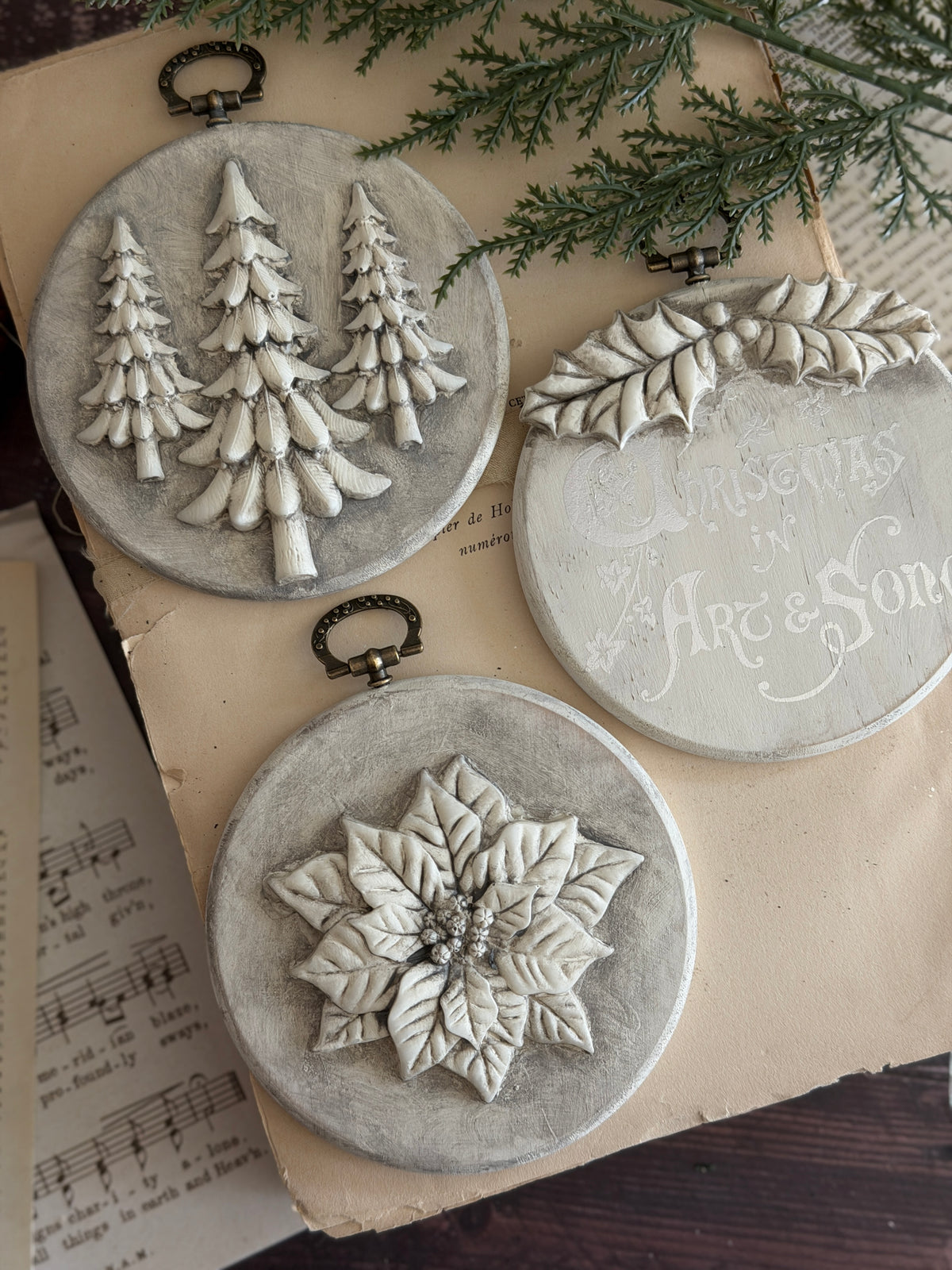 Set of 3 round ornaments featuring IOD Boughs of Holly (2026 Limited Release) details on vintage papers.