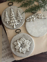 Set of 3 round ornaments featuring IOD Boughs of Holly (2026 Limited Release) details on vintage papers.