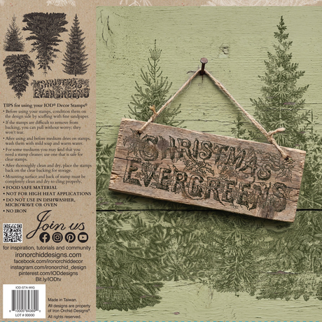 IOD Winter Grove Stamp used to create Christmas Evergreens sign on rustic wood