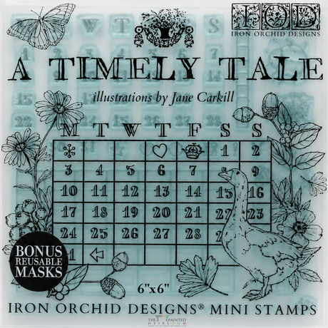 A Timely Tale Mini Stamp by IOD with bonus masks, suitable for planners or bullet journals. Brand: I.O.D.