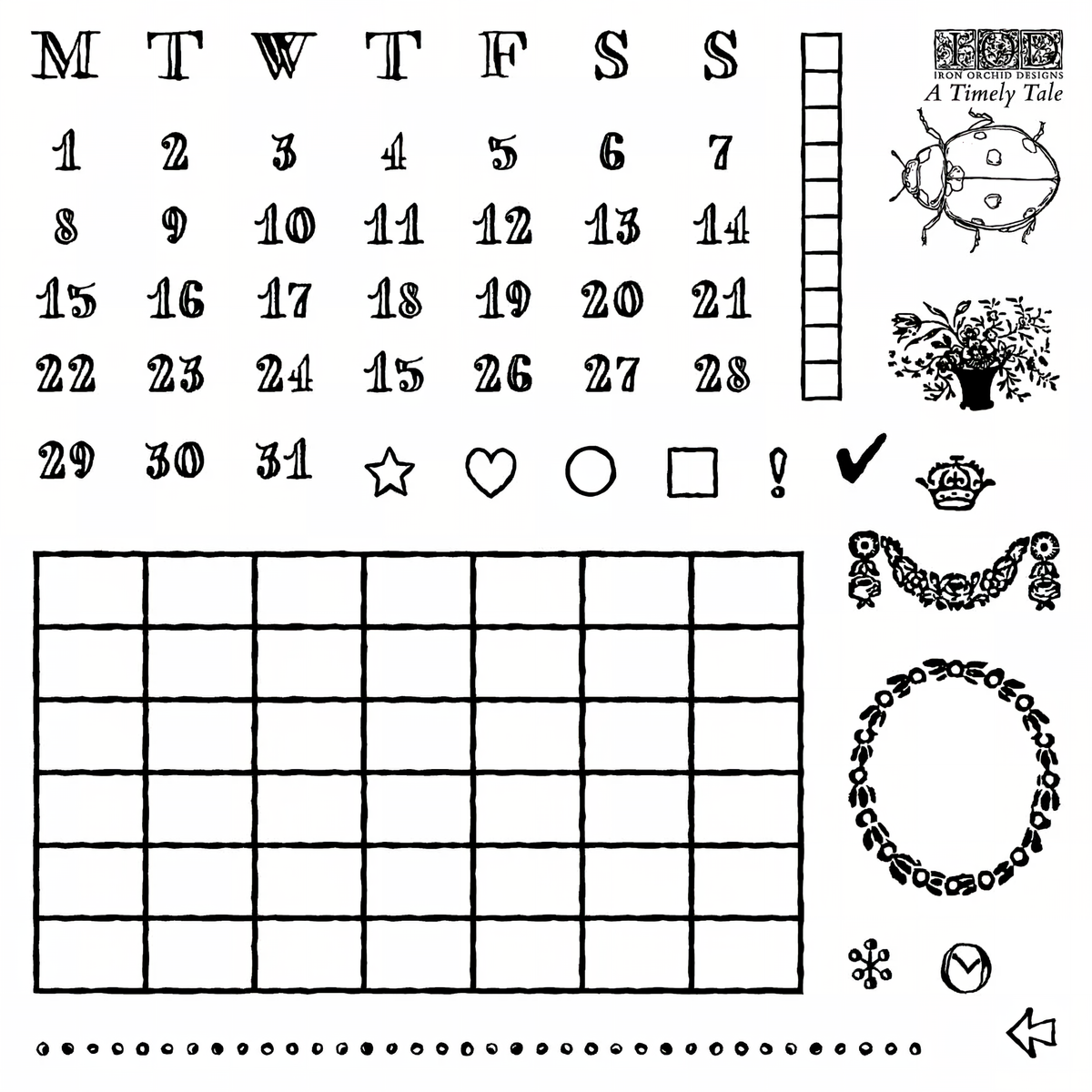 A Timely Tale Mini Stamp set by I.O.D. with planner stamps, icons, plants, and note shapes for calendars.