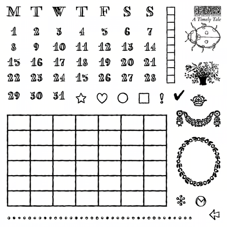 A Timely Tale Mini Stamp set by I.O.D. with planner stamps, icons, plants, and note shapes for calendars.