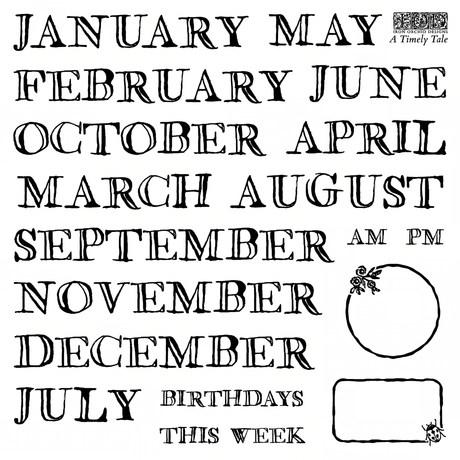 A Timely Tale Mini Stamp by I.O.D. for tracking months, AM/PM, and birthdays in journals or planners.