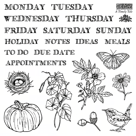 A Timely Tale Mini Stamp by IOD featuring planner days, planning words, plants, bird, butterfly, and nest designs.