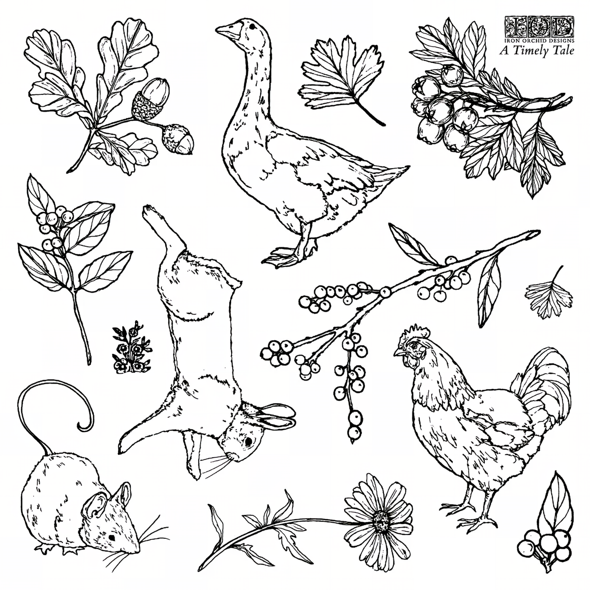 Goose, chicken, mouse, rabbit, acorns and leaves illustrations for I.O.D. A Timely Tale Mini Stamp or journaling.
