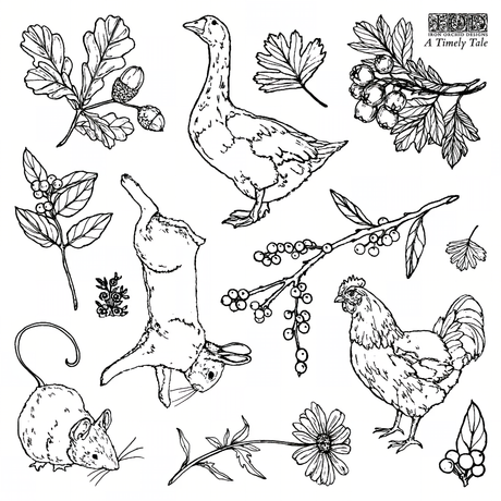 Goose, chicken, mouse, rabbit, acorns and leaves illustrations for I.O.D. A Timely Tale Mini Stamp or journaling.