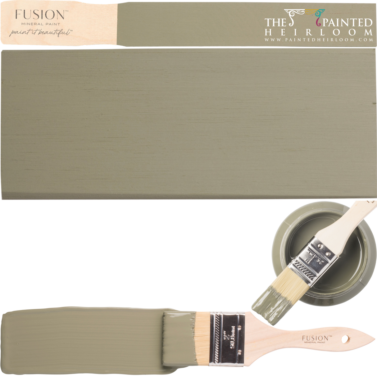 Acadia Pear Fusion Mineral Paint can with lid off and paintbrush resting nearby on a flat surface.