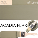 Acadia Pear Fusion Mineral Paint swatch, brushstroke, paint can, and Fusion Mineral Paint logo visible.