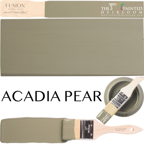 Acadia Pear Fusion Mineral Paint swatch, brushstroke, paint can, and Fusion Mineral Paint logo visible.