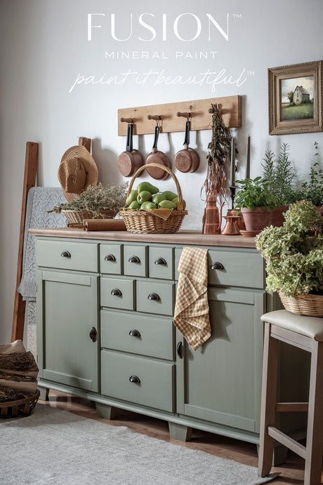 Acadia Pear Fusion Mineral Paint on sideboard with kitchenware, plants, baskets; text: DIY paint it beautiful™.