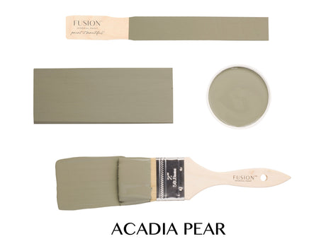 Acadia Pear Fusion Mineral Paint in muted green, shown with paint samples by Fusion Mineral Paint.