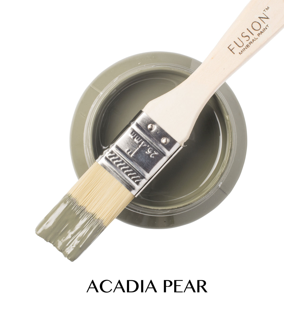 Acadia Pear Fusion Mineral Paint jar in greenish-gray, open with a paintbrush resting on top.