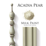 Spindle and molding powder painted in muted green with Homestead House Acadia Pear Milk Paint.