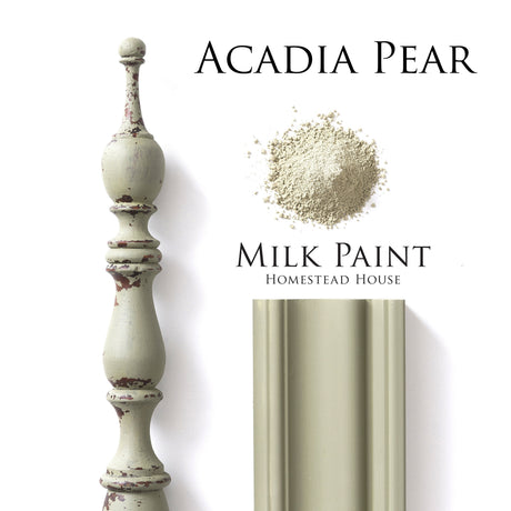 Spindle and molding powder painted in muted green with Homestead House Acadia Pear Milk Paint.
