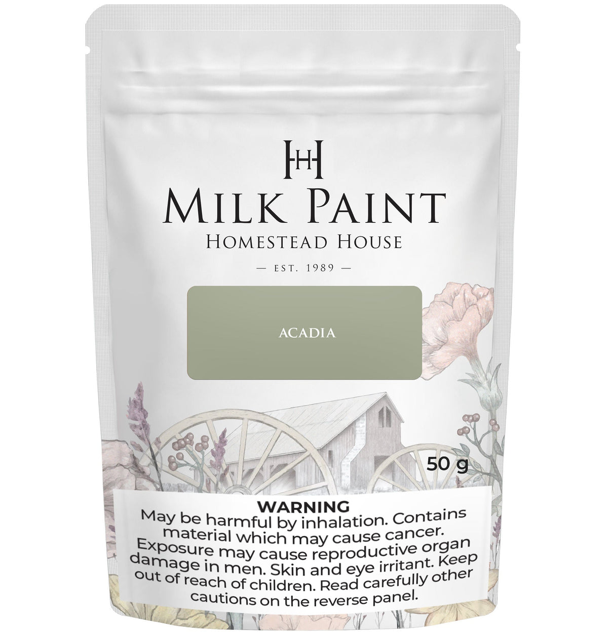 50g Acadia Pear Milk Paint by Homestead House with health warnings visible at the bottom of the packaging.
