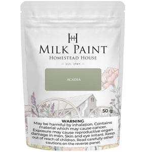 50g Acadia Pear Milk Paint by Homestead House with health warnings visible at the bottom of the packaging.