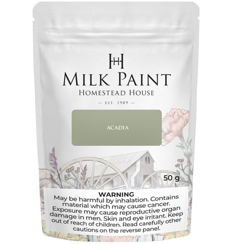50g Acadia Pear Milk Paint by Homestead House with health warnings visible at the bottom of the packaging.