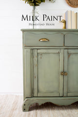 Green Acadia Pear Milk Paint cabinet by Homestead House with brass handles. Rug and sign visible above.